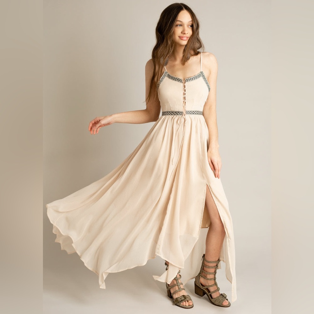 Joyfolie Ivory Strappy Lace-Up Maxi Dress with Trim